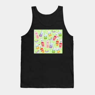 Colorful Kawaii Drinks on Green Tank Top